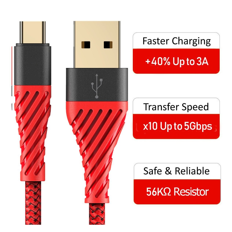 Cablu USB C 3.0, cablu USB tip C Încărcare rapidă a cablului USB pentru telefonul mobil pentru Samsung Galaxy S8, S9 Plus, Note 8, LG v20, G6, G5, v30, Google Pixel 2 XL, Nexus 6-3 Pack Red